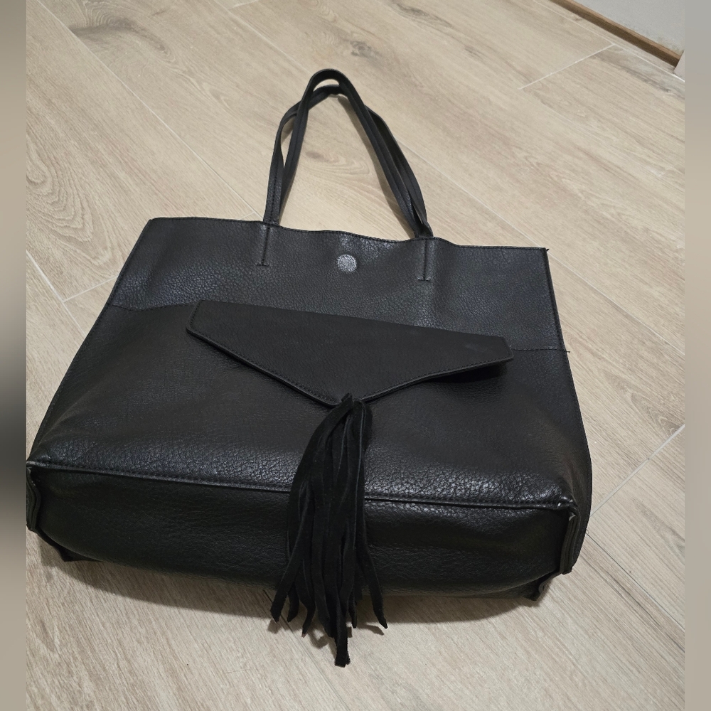 Anthropologie medium black leather tote with detachable clutch